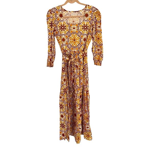 Beyond by Vera Rust Pietra Dura Block Print Midi Cotton Fall Tie Waist Dress - Picture 3 of 12